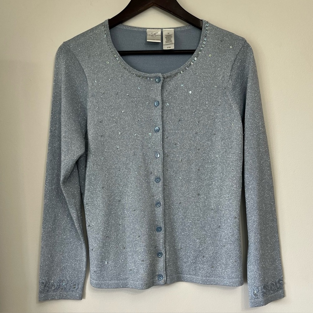Emma James Liz Claiborne Co Blue Sequin Cardigan Sweater Medium Y2K Granny